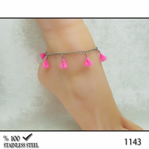 1143 Koyu pembe püsküllü çelik halhal